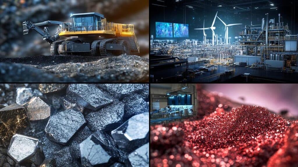 The photorealistic collage showcases the extraction and processing of rare earth vs critical minerals, featuring a high-tech mining site with autonomous equipment, close-ups of neodymium, cobalt, and lithium ores, shimmering mineral samples under LED lighting, and advanced labs with scientists, set against the backdrop of electric vehicle production and wind turbine components.