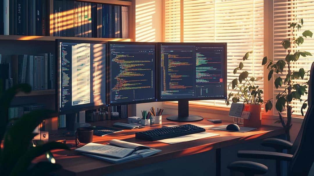 Here's an SEO-friendly, concise version optimized for WordPress: Title: Modern Developer Workspace with Dual Monitors and Markdown Dashboards Alt Text: Professional home office setup with GitHub Markdown screens, mechanical keyboard, technical books, and natural lighting, showcasing a data analyst or software developer's workspace The alt text follows best practices by: - Describing the key visual elements - Providing context - Using relevant keywords - Staying concise and descriptive - Avoiding keyword stuffing