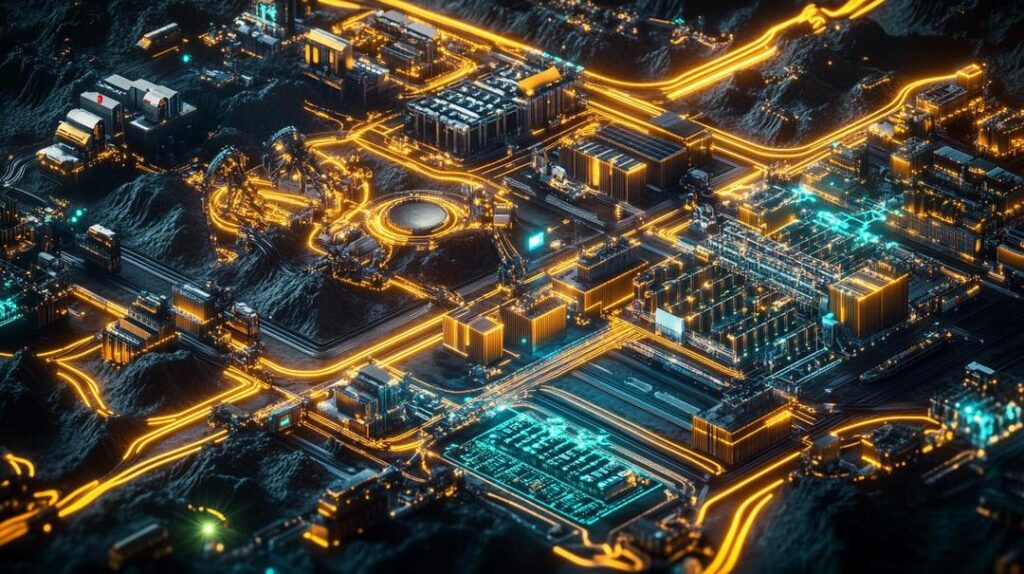 A photorealistic global supply chain map highlights the rare earth elements' journey from remote mines to high-tech factories, illustrating the complexity and geopolitical tensions of the industry, as described in the rare earth ETFs guide.