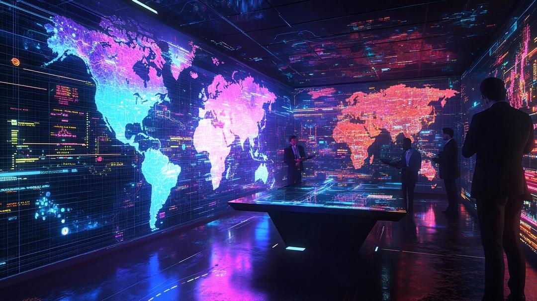Here's an SEO-optimized, concise version for WordPress alt text and title: Title: Geopolitical Rare Earth Minerals Trade Strategy Map Room Alt Text: Futuristic geopolitical map room with holographic globe, digital data visualizations of global rare earth mineral trade routes and strategic resource analysis The alt text is: - Descriptive and concise - Includes key SEO terms - Explains the image content - Under 125 characters - Avoids keyword stuffing - Provides context for screen readers