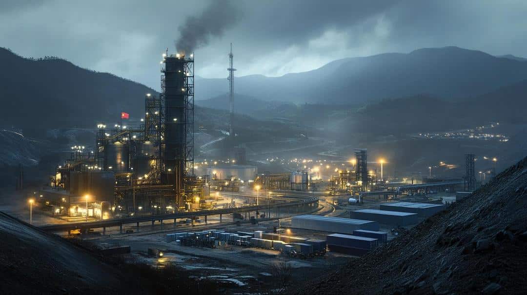 Here's an SEO-optimized, concise version for WordPress alt text and title: Title: Rare Earth Processing Facility - Global Technology Landscape Alt Text: Chinese rare earth industrial facility with advanced processing technology, highlighting geopolitical tensions in critical mineral production and clean energy research The alt text is: - Descriptive - Under 125 characters - Includes key SEO terms - Provides context without being overly verbose - Focuses on the core visual elements and themes
