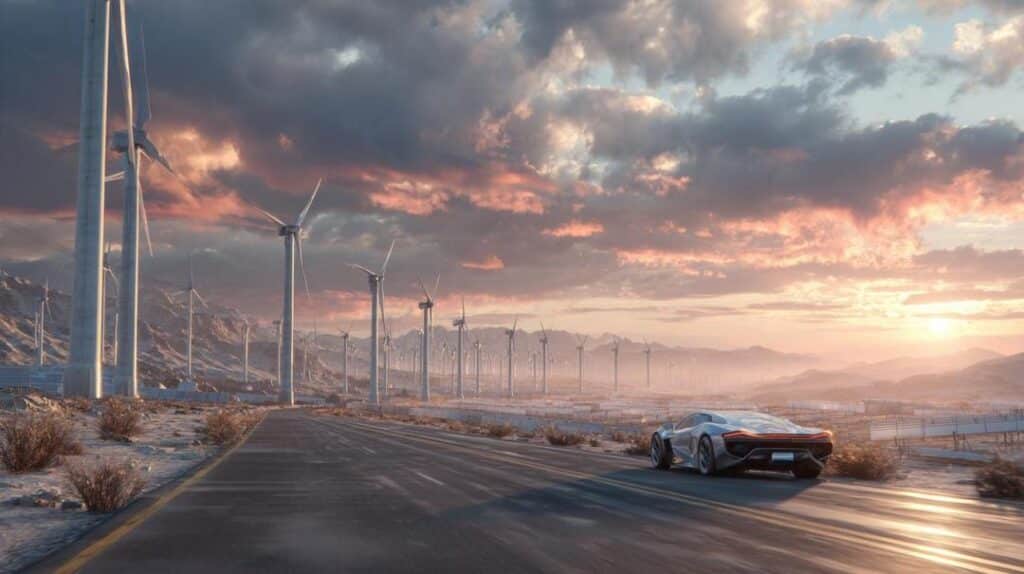 A futuristic clean energy landscape illustrates "rare earth green energy investments" with an electric vehicle on a solar highway, wind turbines spinning, and high-tech rare earth mining, under a vibrant sunset sky.