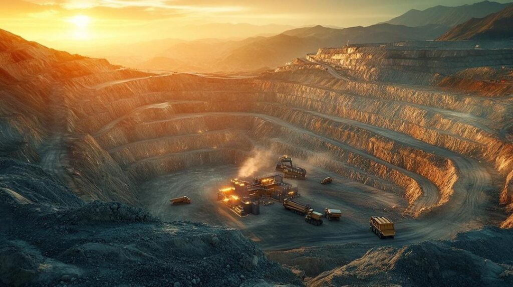 A photorealistic scene at sunrise showcases a high-tech rare earth mining operation, highlighting vast open-pit mines with large machinery and futuristic facilities against a backdrop of U.S. and Australian flags, symbolizing the global importance of rare earth mining stocks.
