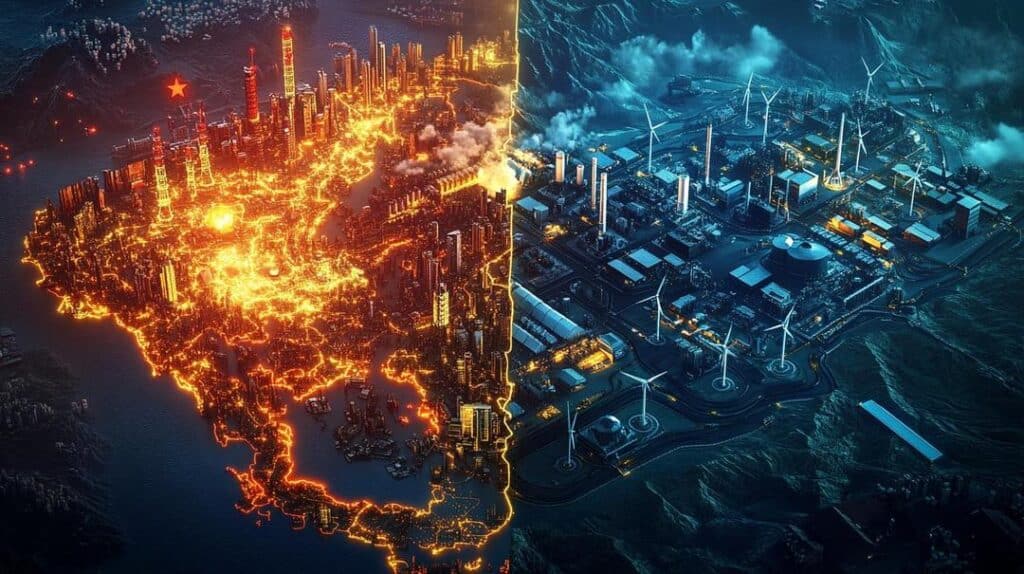 Alt Text: A hyper-realistic illustration depicting the "rare earth supply chain impact," with a glowing map of China balanced against miniature factories from the US, EU, and Australia, surrounded by symbols of modern industry and technology.