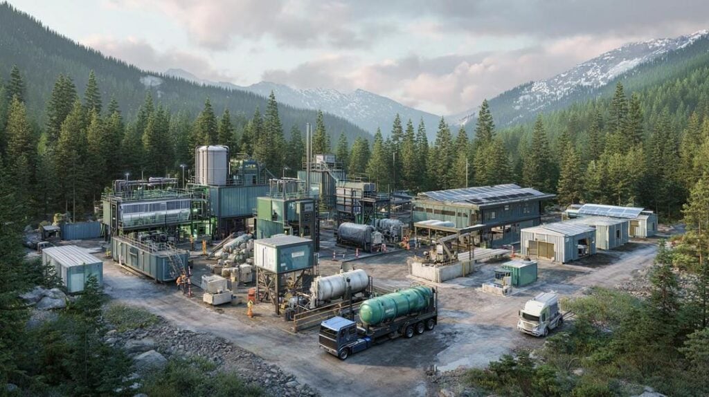 group of trucks parked next to a forest