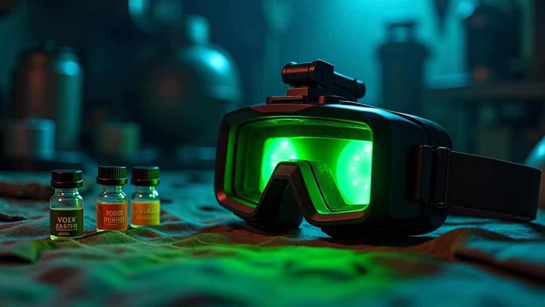 Night-vision-goggles pair of night vision goggles sitting on top of a bed