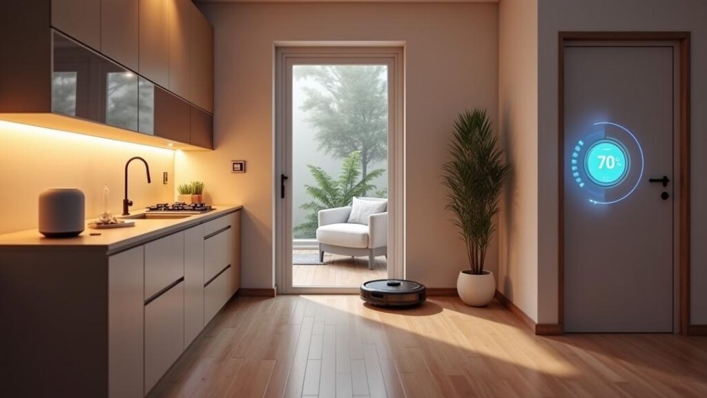 kitchen with a wooden floor and white walls featuring smart home devices