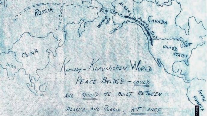 drawing of a map of the world featuring the Bering Strait tunnel