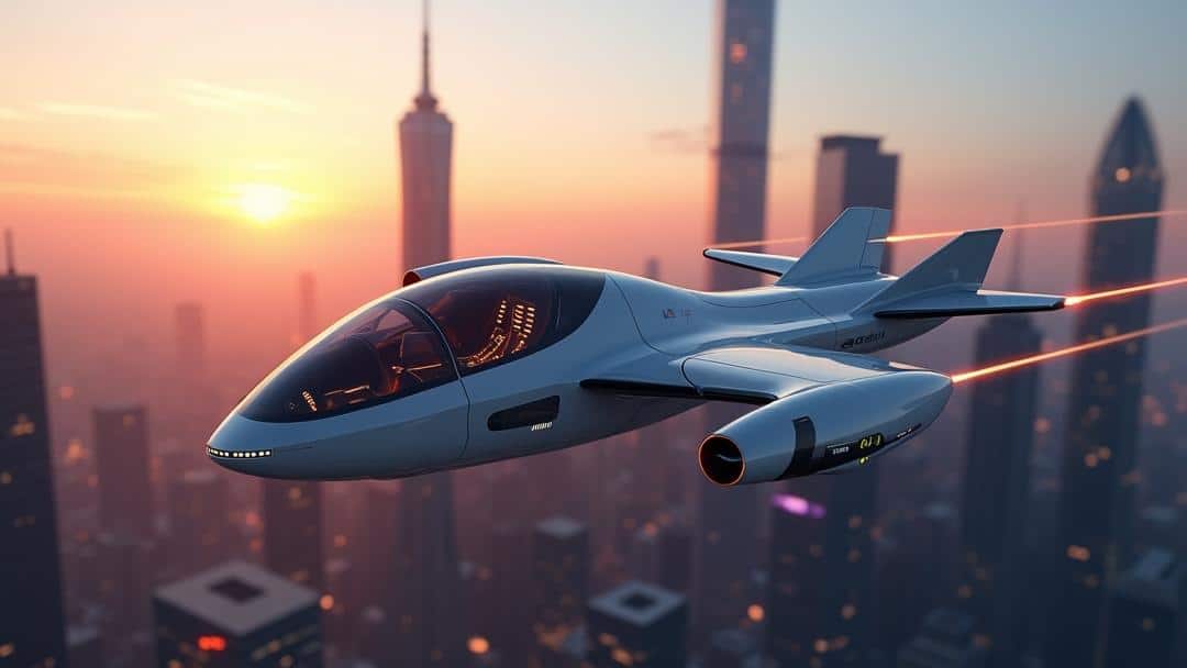 Evtol-aircraft-2025-11-01T193204.549Z jet flying through the air over a city, resembling an evtol aircraft