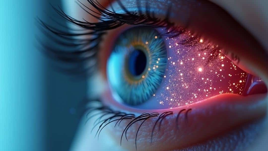 close up of a person's eye with stars on it, showcasing smart contact lenses