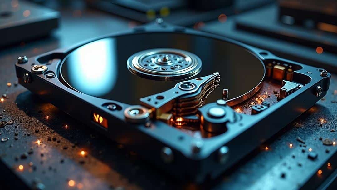 A highly detailed, photorealistic cutaway of a modern hard disk drive on a metallic workbench, showcasing its internal components and glowing rare earth elements, captures the mechanical precision in dramatic lighting.
