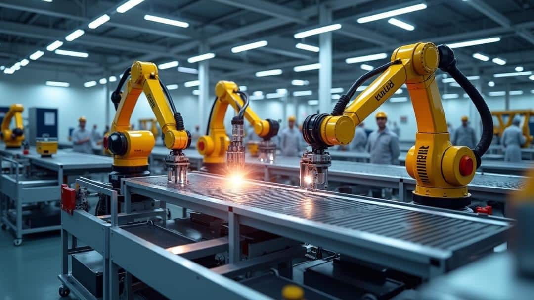 A photorealistic depiction of a high-tech factory assembly line highlights advanced industrial robotics, with articulated robotic arms performing precision tasks alongside workers and automated guided vehicles, under bright lighting that enhances the detailed textures and metallic surfaces.
