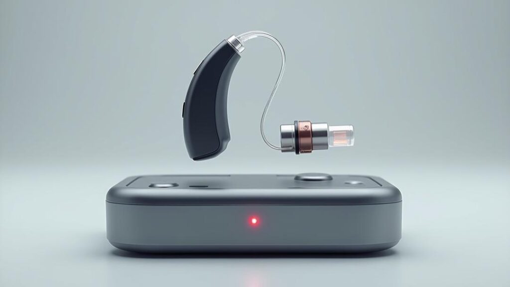 Photorealistic macro product shot of **advanced hearing aids** featuring a sleek behind-the-ear device with a cutaway revealing internal microelectronics, microphones, magnet speaker, and rechargeable battery beside a glowing LED charging case on a clean clinical gradient background.