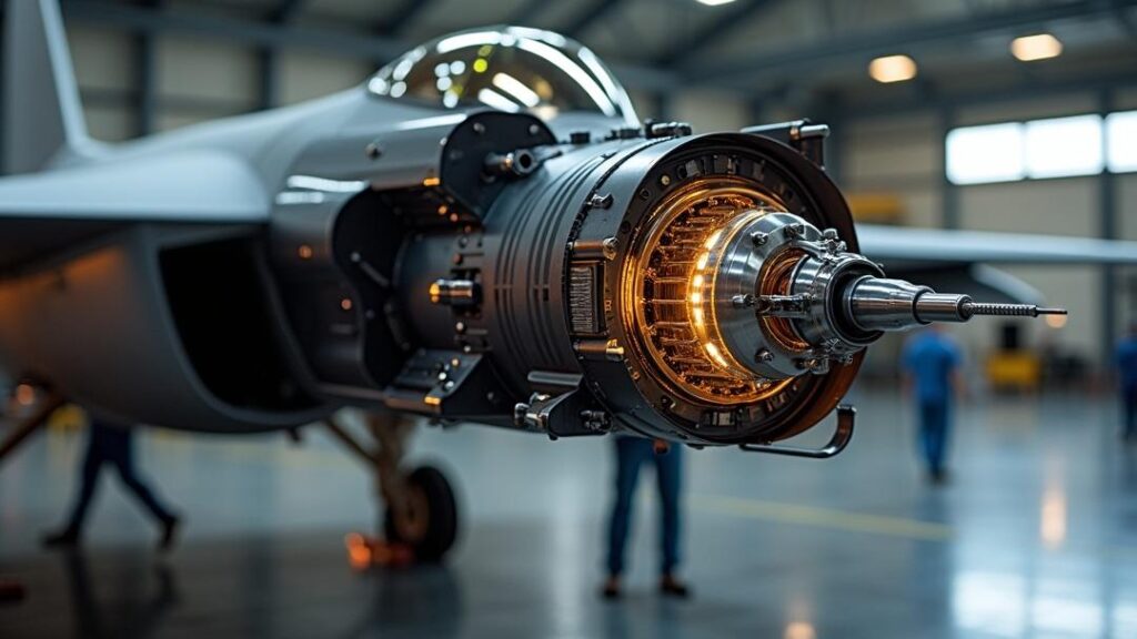Electronic warfare systems Photorealistic close-up of **electronic warfare systems** pod under a stealth fighter wing, showing phased-array antenna, internal RF modules and magnet-based gimbals, cooling lines, and laser DIRCM turret in a softly lit maintenance hangar with blurred technicians.