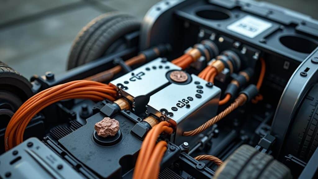 Photorealistic close-up of **hybrid car batteries** integrated in a modern vehicle chassis with exposed orange high-voltage cables, cooling plates and busbars, a cutaway traction motor showing magnets and copper windings, and subtle rare-earth mineral rocks on an industrial workbench under studio lighting.