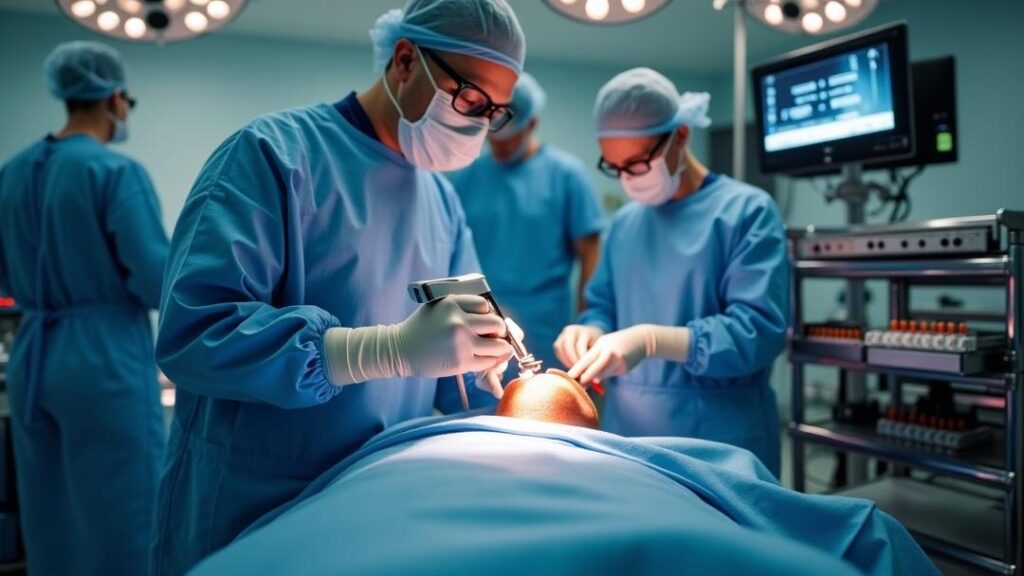 Medical lasers Photorealistic modern operating room scene showing a surgeon performing a minimally invasive procedure with **medical lasers**, while an assistant monitors vitals and a nearby equipment cart displays laser components like Nd:YAG/Er:YAG crystal rods, rare-earth oxide vials, galvanometer mirrors, and magnets under sterile clinical lighting.