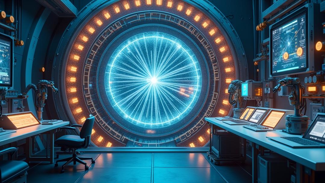 A photorealistic cutaway reveals the intricate workings of a high-tech facility dedicated to particle accelerators, featuring a circular synchrotron ring with neodymium-iron-boron magnets, surrounded by a futuristic control room filled with advanced scientific equipment.