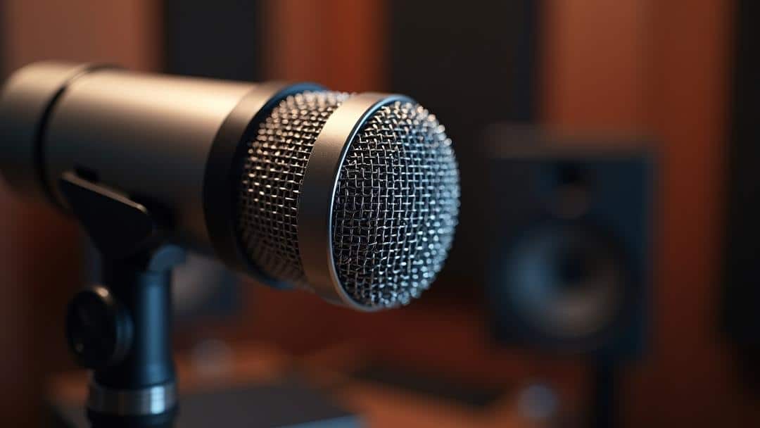 A close-up, photorealistic image of a modern studio microphone, showcasing its detailed metal mesh grille and sleek brushed aluminum body, set within an acoustically treated studio environment.