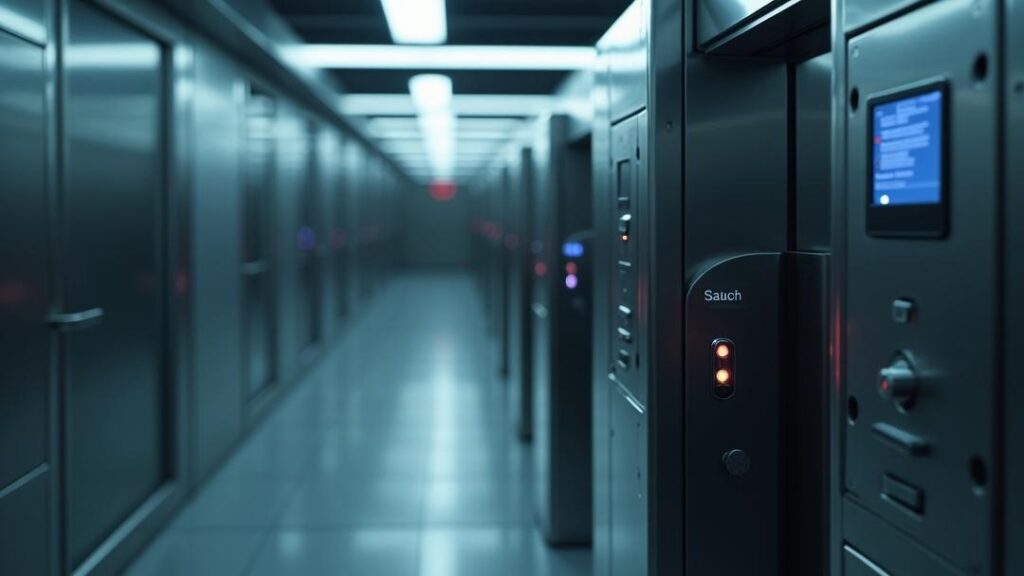 Biometric security systems Photorealistic close-up of biometric security systems at a corporate data-center entrance, featuring a wall-mounted facial recognition reader and a partially open stainless-steel electric strike lock in a clean industrial corridor with moody lighting and shallow depth of field.