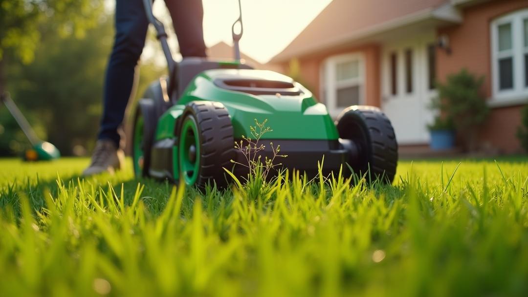 Electric lawn equipment Photorealistic golden-hour backyard scene of modern cordless **electric lawn equipment** with a battery push mower cutting dewy grass as a matching string trimmer and leaf blower sit nearby, featuring close-up motor vents, battery pack, and a subtle transparent cutaway revealing rotor magnets.
