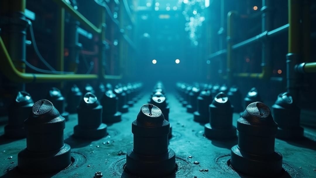 Nuclear reactor control rods Photorealistic macro view inside a nuclear reactor core during maintenance showing **nuclear reactor control rods** partially inserted among fuel rod bundles, with dark boron carbide tips, metallic guide tubes, a subtle blue Cherenkov glow in clear water, and dramatic volumetric lighting in a clean high-tech environment.