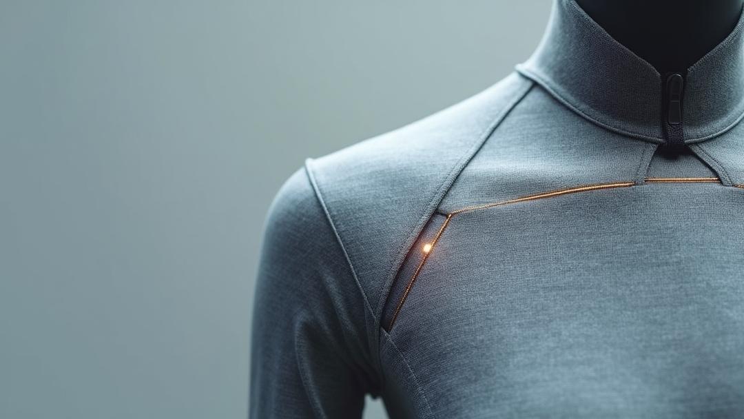 Photorealistic macro-to-medium product photo of a futuristic athletic shirt sleeve showcasing **smart fabrics** with woven conductive threads, embedded sensor nodes, a removable magnetic electronics pod, and a subtle glowing LED strip in soft studio lighting against a minimal background.