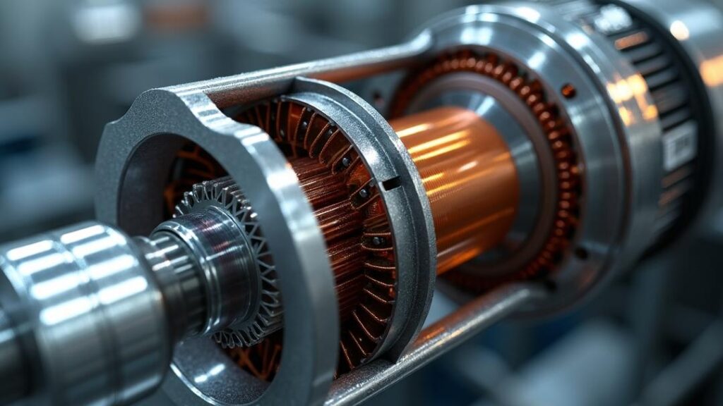 Photorealistic macro cross-section of modern **electric vehicle motors** showing an exposed IPM traction motor rotor and stator with copper windings, neodymium magnet segments, bearings, and cooling channels under dramatic rim lighting in a clean lab setting.