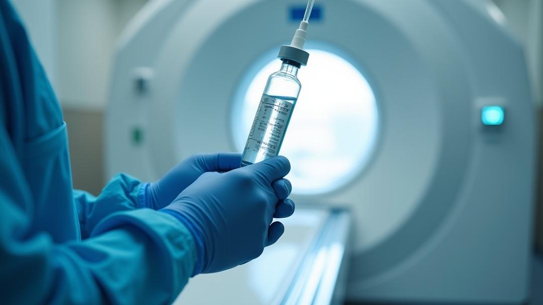 Photorealistic hospital radiology suite showing a clinician’s gloved hands preparing an IV syringe of gadolinium-based **mri contrast agents** beside an MRI scanner, with a subtle overlay of a chelated gadolinium ion encased in a macrocyclic molecular cage.