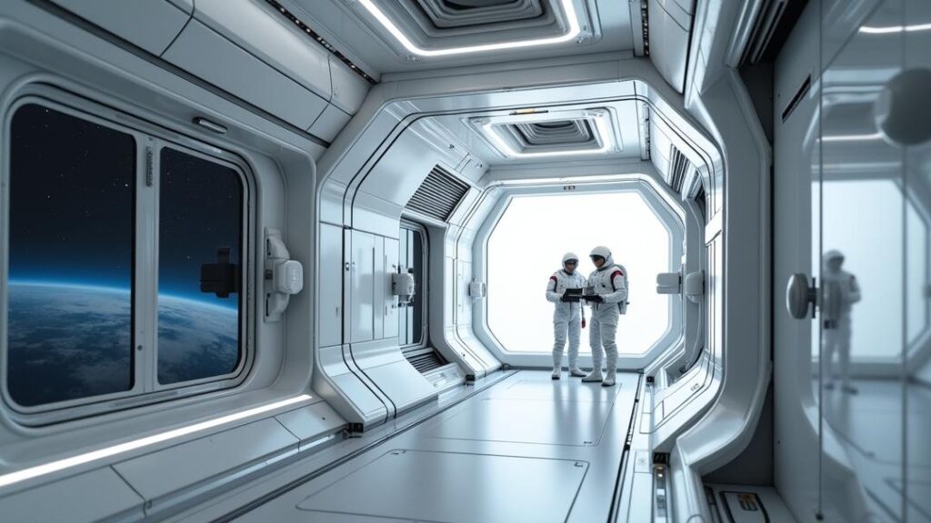 Photorealistic wide-angle view inside a next-generation **space habitats** corridor in low Earth orbit, showing modular curved walls with life-support hardware, a rail-mounted maintenance robot, astronauts servicing systems, and a large window overlooking Earth and stars.