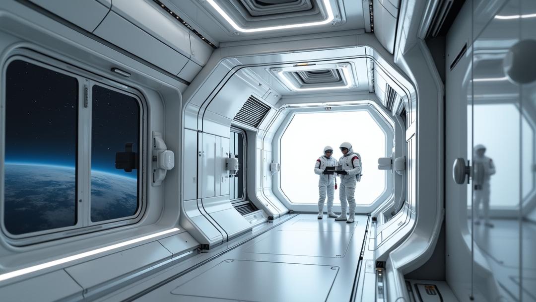 Photorealistic wide-angle view inside a next-generation **space habitats** corridor in low Earth orbit, showing modular curved walls with life-support hardware, a rail-mounted maintenance robot, astronauts servicing systems, and a large window overlooking Earth and stars.