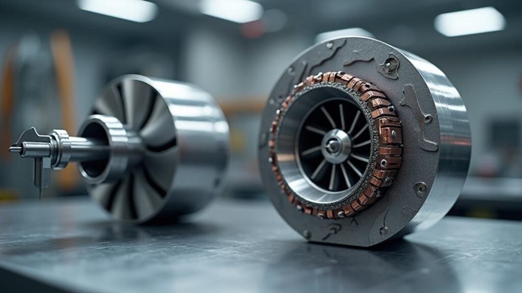Aerospace Alloys Photorealistic macro view of **aerospace alloys** showing a CNC-machined titanium turbine blade and nickel superalloy turbine disk on a sterile aerospace workbench beside a cutaway electric actuator with copper windings and sintered NdFeB/SmCo magnets, lit by metrology calipers and an inspection light with dramatic edge lighting and soft bokeh.