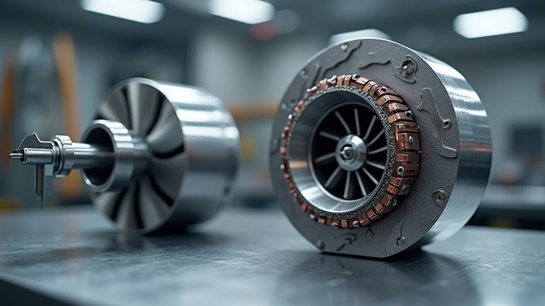 Photorealistic macro view of **aerospace alloys** showing a CNC-machined titanium turbine blade and nickel superalloy turbine disk on a sterile aerospace workbench beside a cutaway electric actuator with copper windings and sintered NdFeB/SmCo magnets, lit by metrology calipers and an inspection light with dramatic edge lighting and soft bokeh.