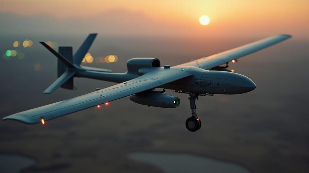 Defense drones Photorealistic **defense drones** in dusk flight over a modern border-security landscape, showing a fixed-wing VTOL UAV with EO/IR gimbal, underwing sensors, exposed electric motor components, glowing night-vision reflections, and distant patrol vehicles in cinematic shallow depth of field.