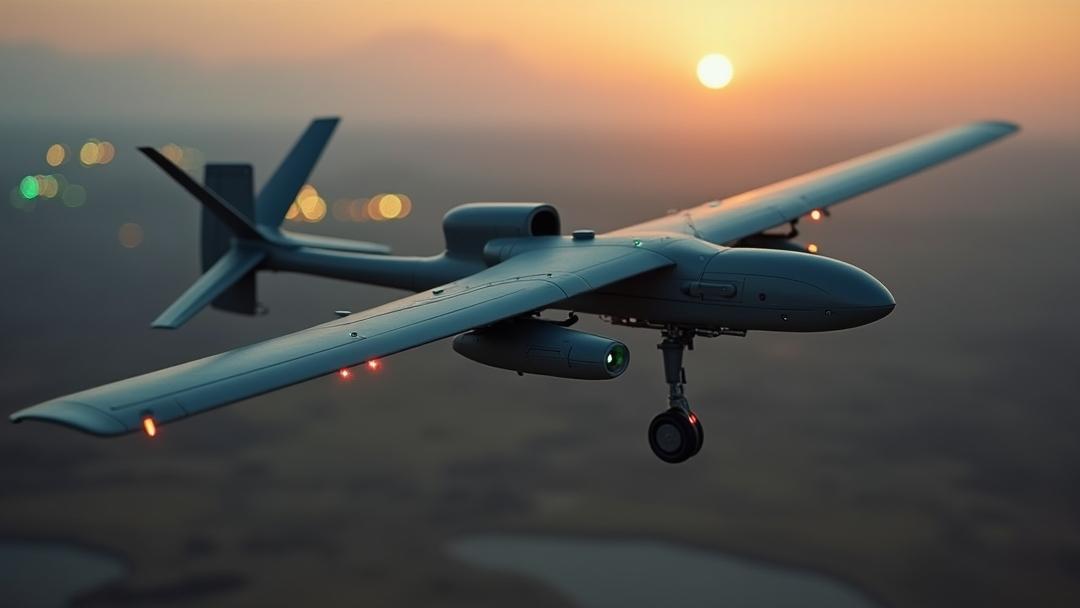 Defense drones Photorealistic **defense drones** in dusk flight over a modern border-security landscape, showing a fixed-wing VTOL UAV with EO/IR gimbal, underwing sensors, exposed electric motor components, glowing night-vision reflections, and distant patrol vehicles in cinematic shallow depth of field.