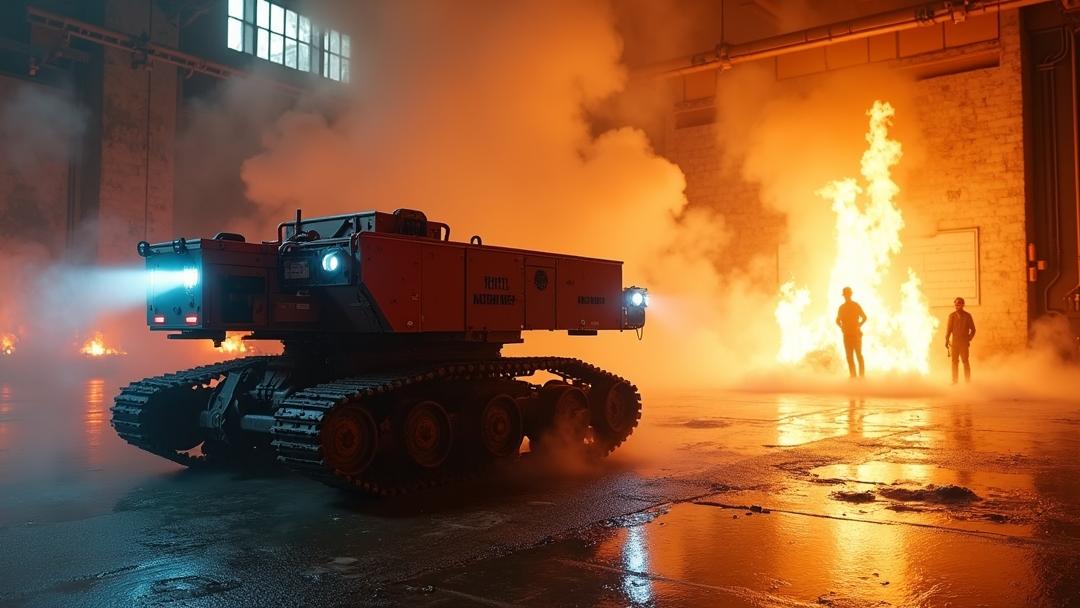Photorealistic cinematic view of **firefighting robots** in a burning industrial warehouse, a tracked robot spraying high-pressure water/foam through smoke and embers as firefighters control it from a safe doorway under contrasting blue emergency lights and orange firelight.