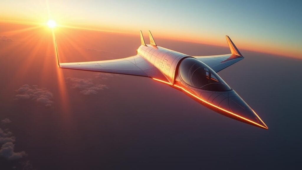 Photorealistic scene of **hypersonic vehicles** showing a Mach 8–10 glide craft at dusk with incandescent leading edges, plasma sheath and shock diamonds, Earth’s curvature below, and semi-transparent panels hinting at internal guidance components and sensors.