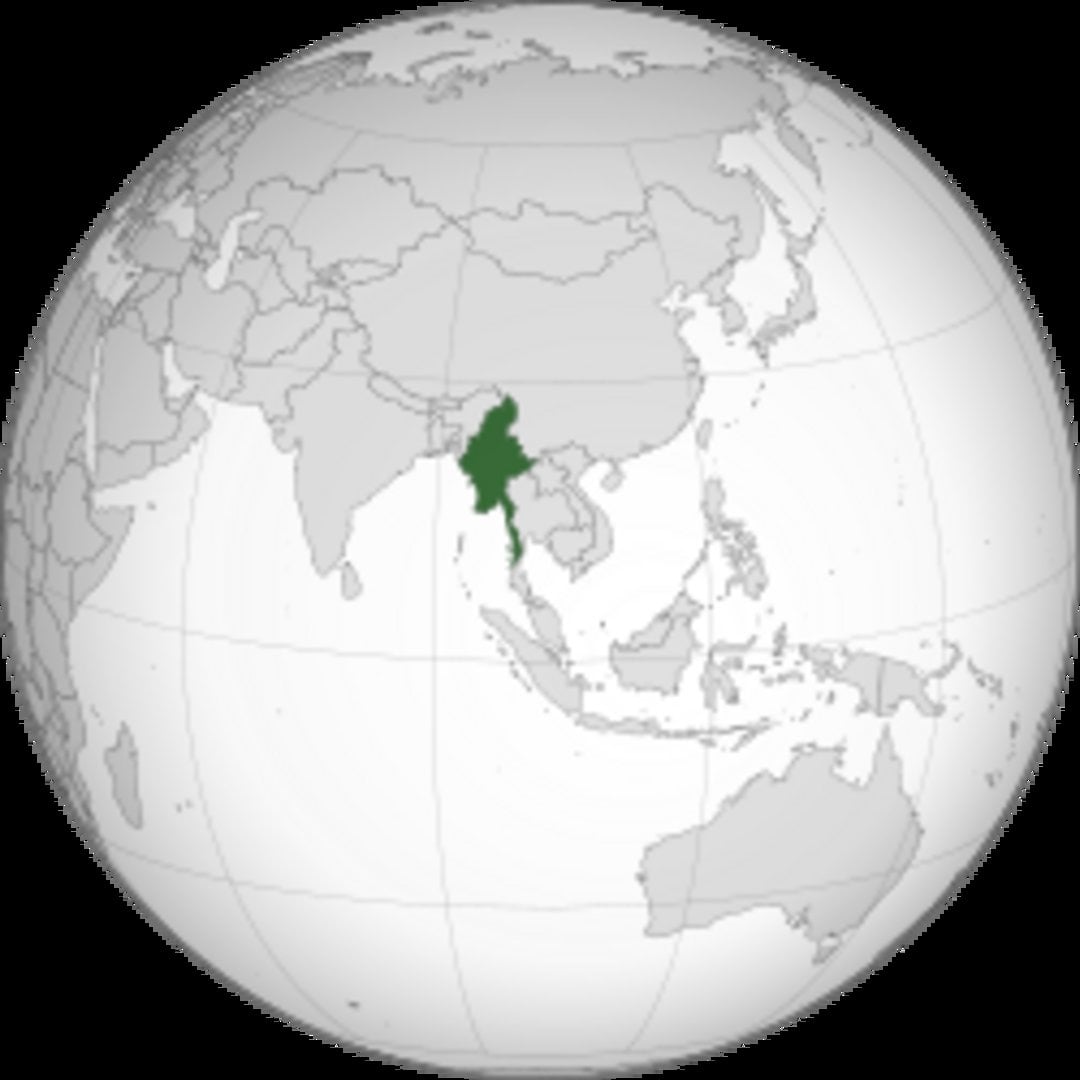 Myanmar Burma marked in dark green on orthographic globe projection centered on Asia Pacific region bordering India China Tha