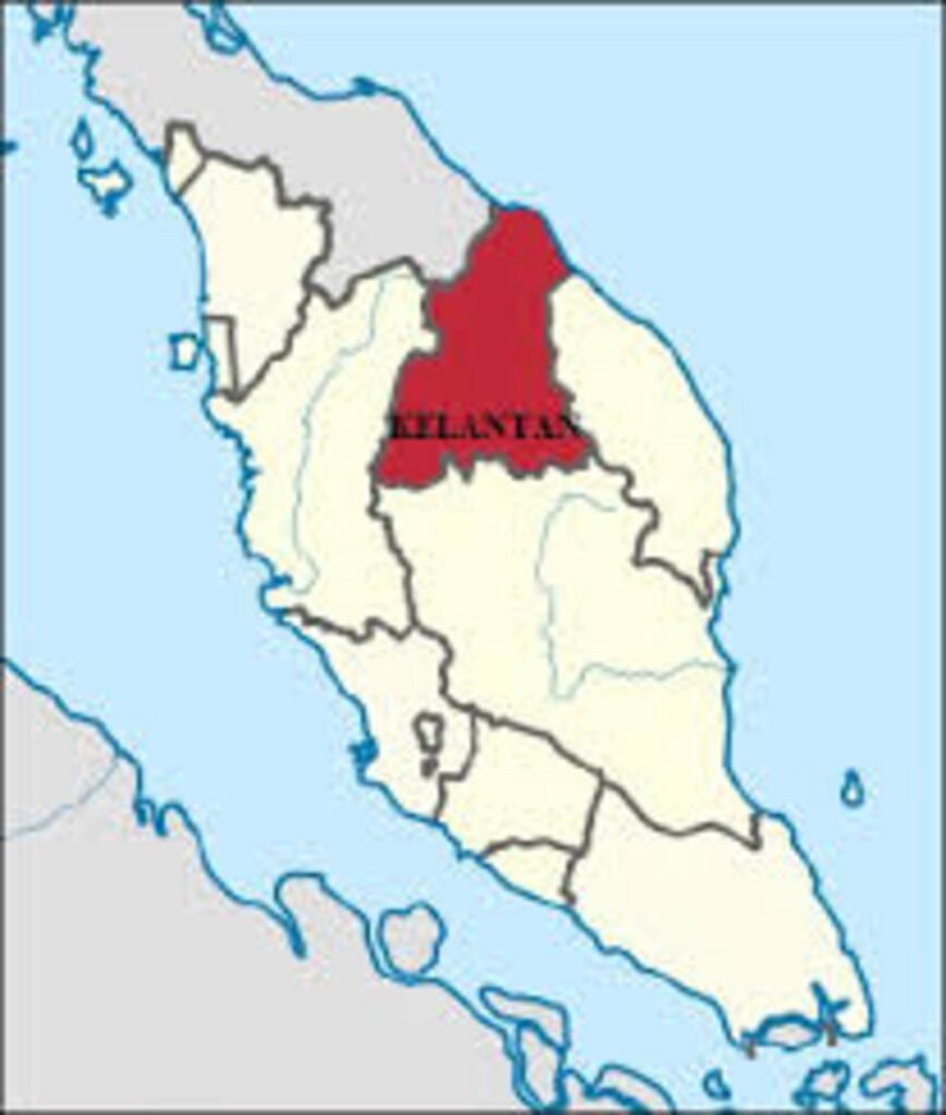 Kelantan state marked in red on a political map of Peninsular Malaysia, located in the northeastern region bordering Thailand