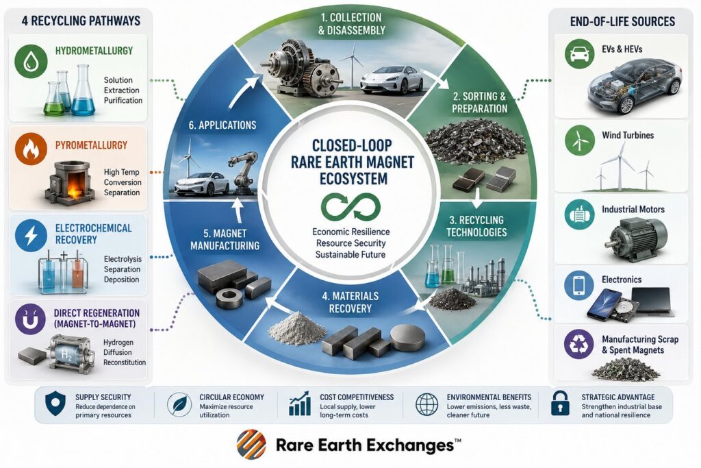 Rare Earth Exchanges infographic of 6-stage closed-loop rare earth magnet ecosystem with hydrometallurgy, pyrometallurgy, ele