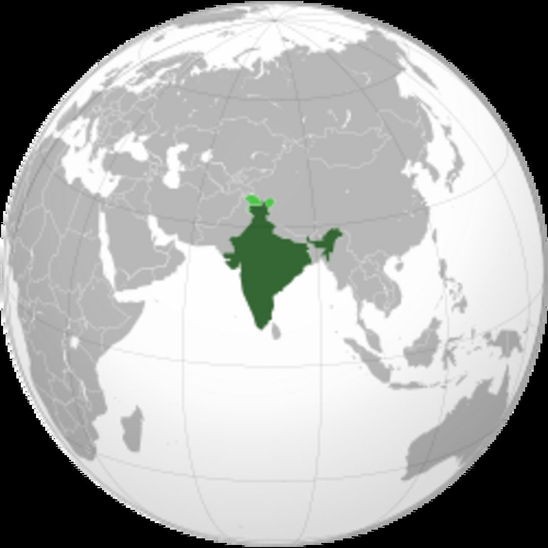 Orthographic globe map with India marked in dark green, surrounded by gray landmasses of Asia, Africa, and Southeast Asia