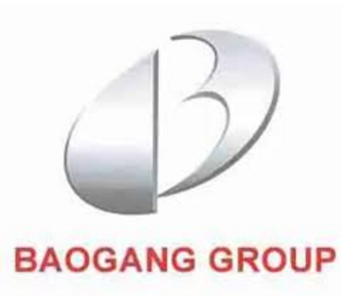 Baogang Group corporate logo featuring a silver metallic letter B inside a tilted oval shape with red bold company name text