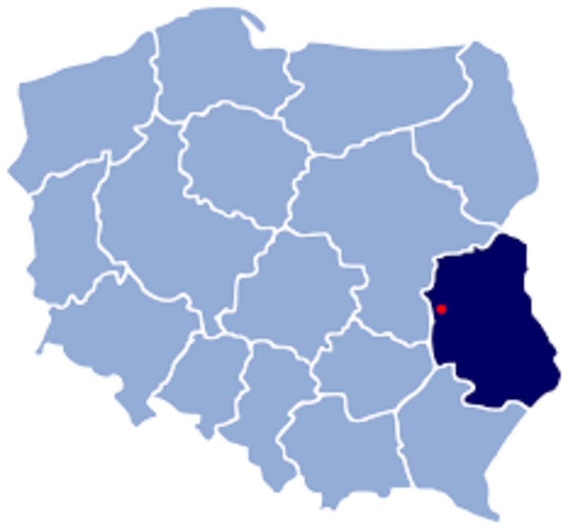 Lublin Voivodeship highlighted in dark navy blue on a light blue administrative map of Poland with red capital city marker