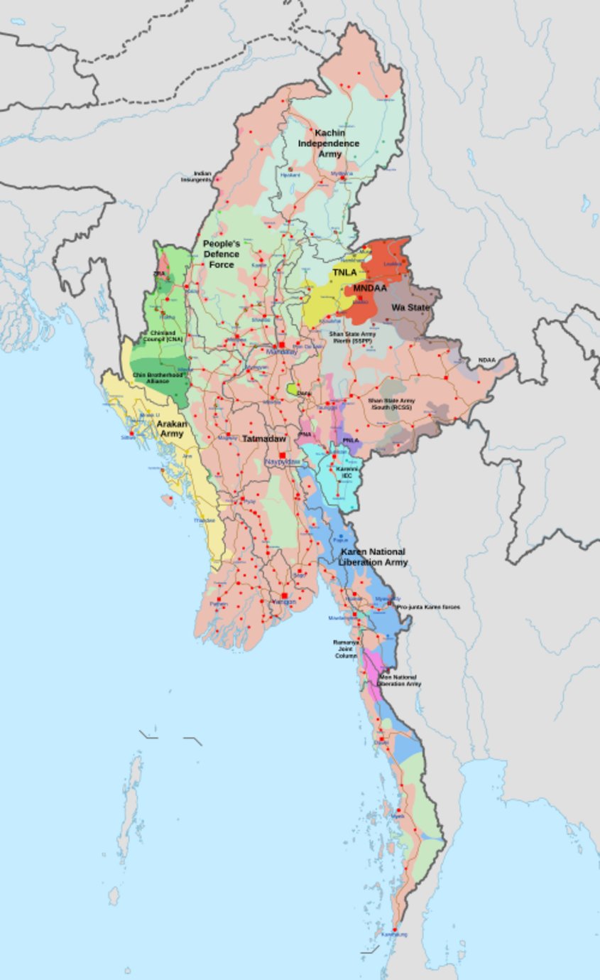 Map of Myanmar displaying territorial control by armed factions including Tatmadaw, Arakan Army, Kachin Independence Army, TN