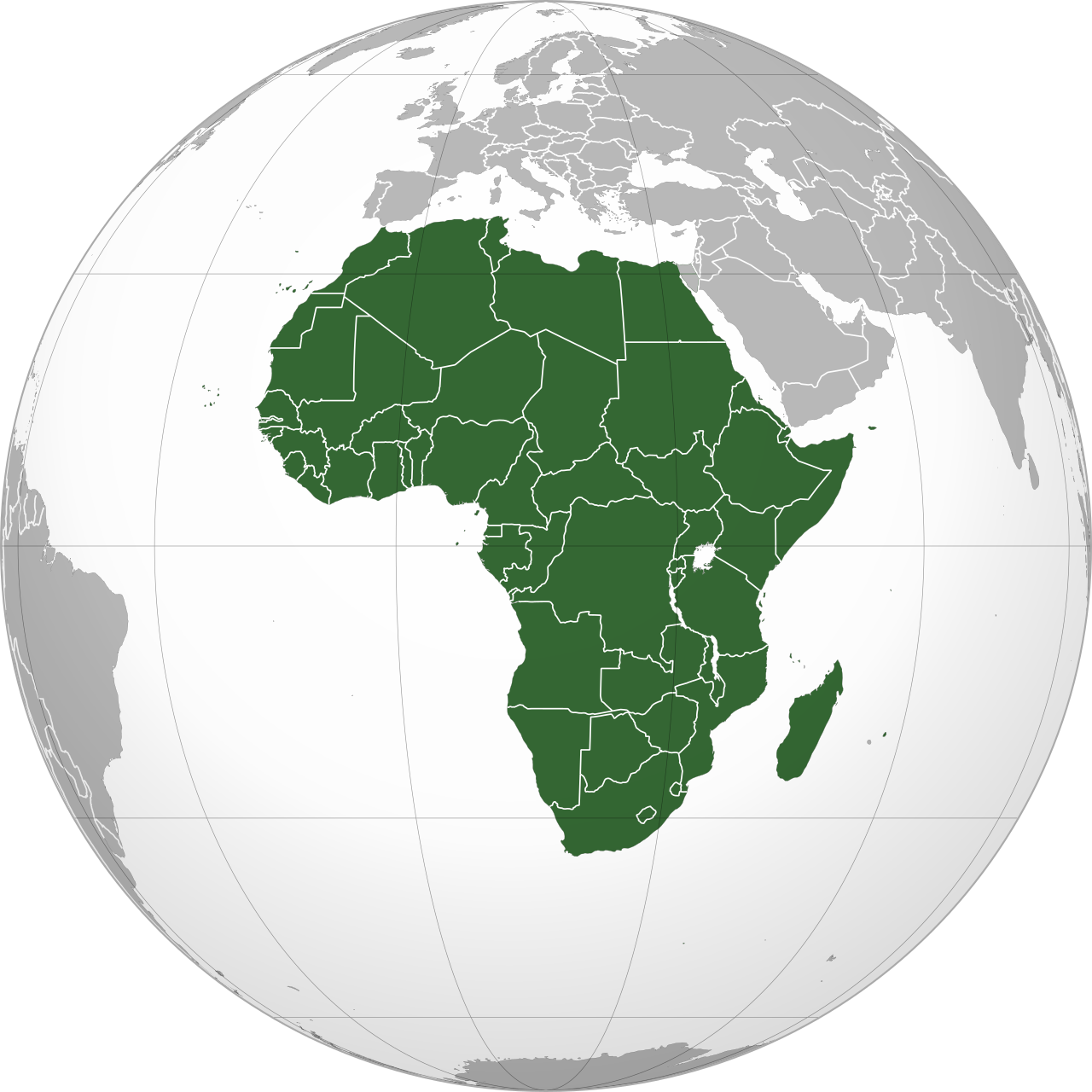 Globe view centered on Africa continent with all 54 countries highlighted in dark green, Europe and Middle East visible in gr