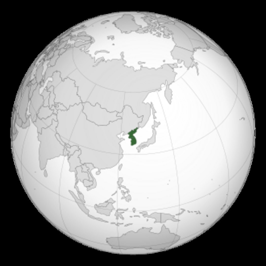 Korean Peninsula highlighted in dark green on an orthographic globe centered on East Asia, surrounded by China, Japan, and Ru