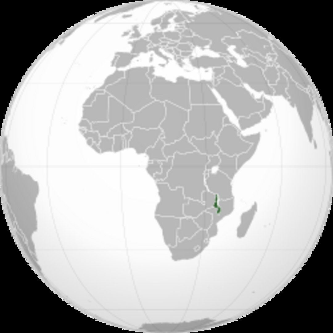 Orthographic globe map with Malawi marked in dark green in southeastern Africa, surrounded by Tanzania, Zambia, and Mozambiqu