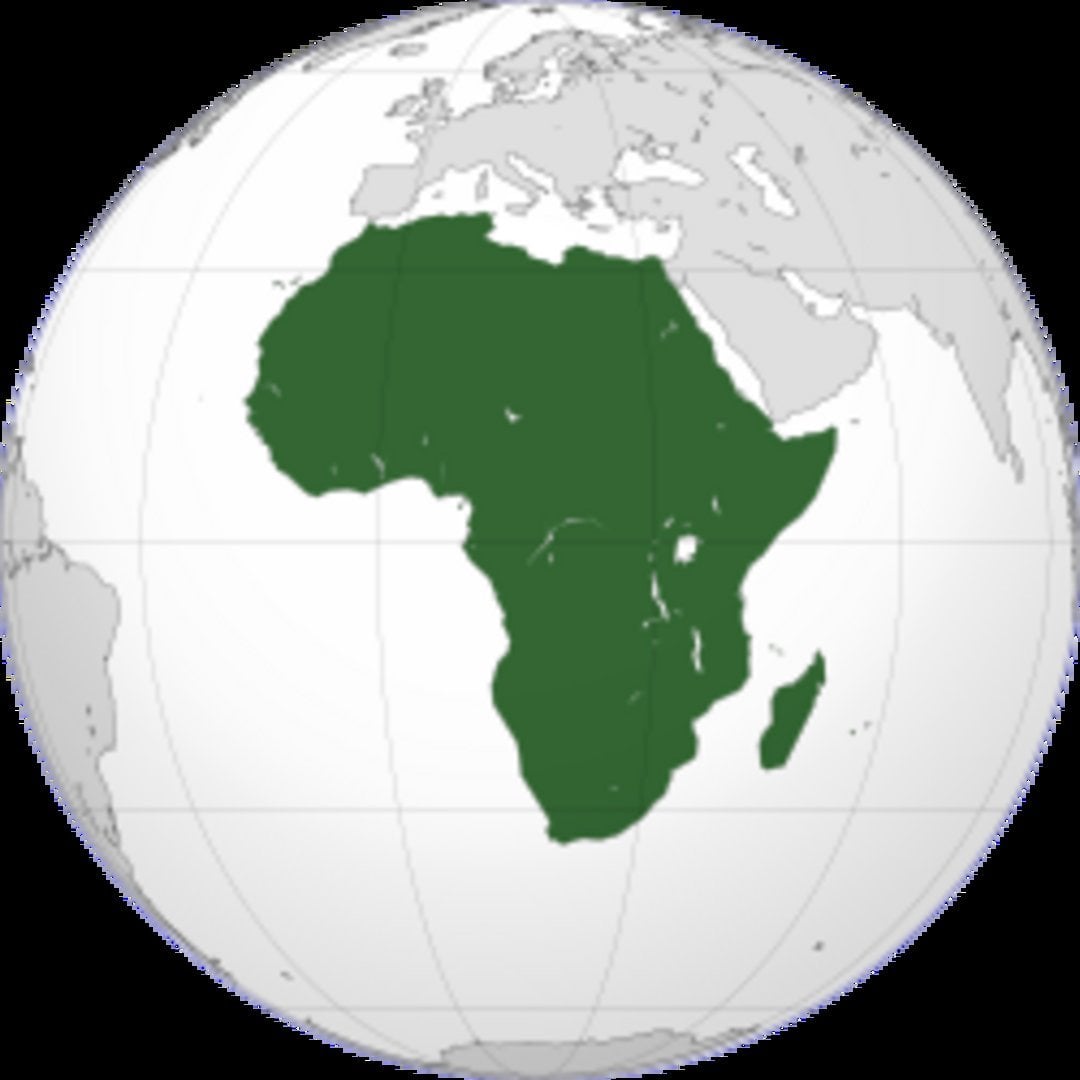 Globe map centered on Africa continent shaded dark green, with Europe to the north, Arabian Peninsula to northeast, Madagasca