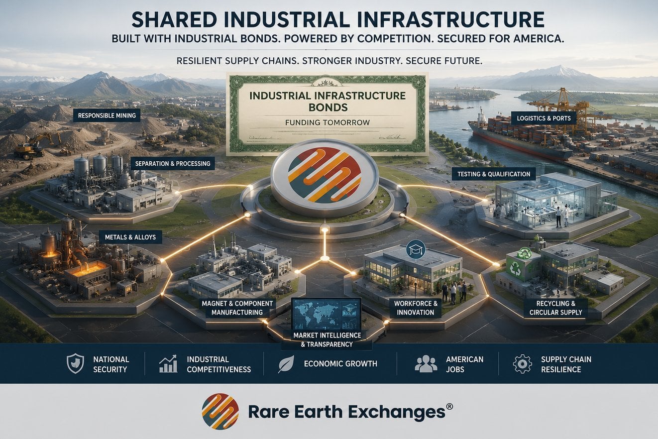 Rare Earth Exchanges infographic of Industrial Infrastructure Bonds funding rare earth supply chain nodes including responsib
