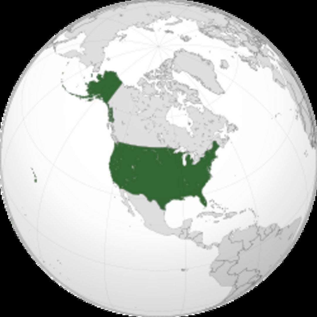 Globe map with the United States including Alaska and Hawaii highlighted in dark green against gray North American continent