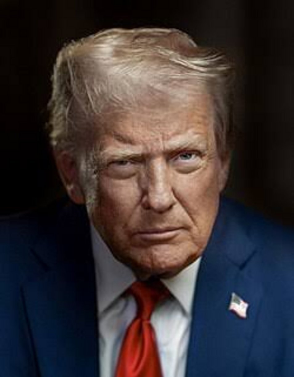 Older man with blonde-gray hair wearing a navy blue suit, red tie, and American flag lapel pin against a dark background